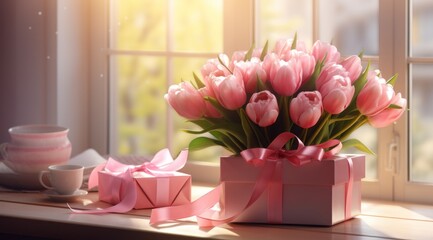 a gift for a woman adorned with pink tulips