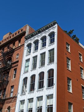 The striking white building with elongated windows on Duane Street, Tribeca.