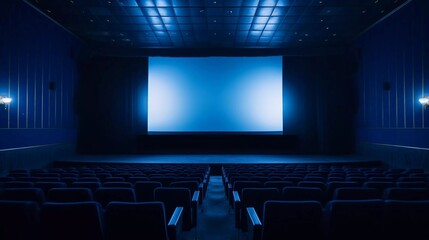 Empty cinema blue lights with empty white screen