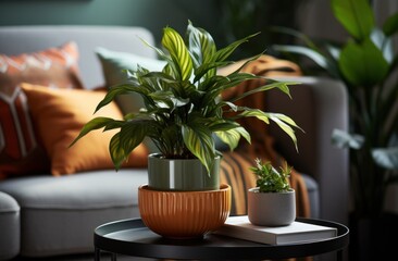 a plant is on a table beside a couch.