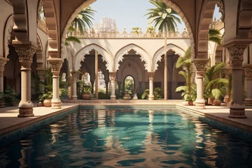 Foto op Canvas A grandiose backyard with a pool and a series of stone arches around it, their shadows casting 3D intricate, architectural patterns © Nairobi 