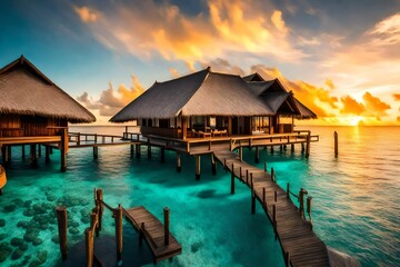 A luxurious overwater bungalow resort in the Maldives, with a stunning sunrise casting a warm glow on the thatched roofs and turquoise waters. - obrazy, fototapety, plakaty