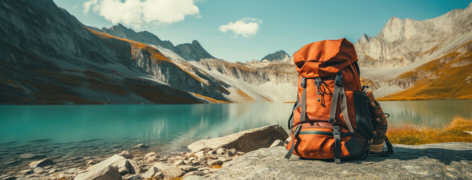 a pair of hiking boots and a backpack on the side of a lake