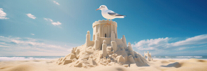 a sand castle on a beach with blue sky