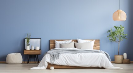 a blue and white bedroom with white bedding and pillows