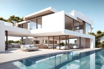 Luxury beach house with sea view swimming pool and terrace in modern design. 3d illustration of contemporary holiday villa exterior.