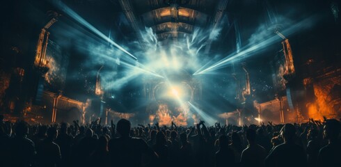 a crowd at an event with lights shining down on them - obrazy, fototapety, plakaty