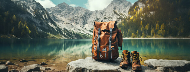 a pair of hiking boots and a backpack on the side of a lake - obrazy, fototapety, plakaty
