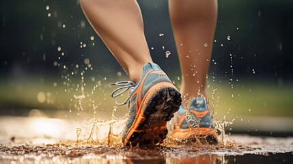 The back view of a woman's feet in sports shoes jogging on the field when it rains gives the effect of water splashing on the soles of the shoes