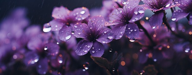 a close up of purple flowers with rain drops in the background - Powered by Adobe