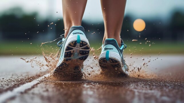 The back view of a woman's feet in sports shoes jogging on the field when it rains gives the effect of water splashing on the soles of the shoes