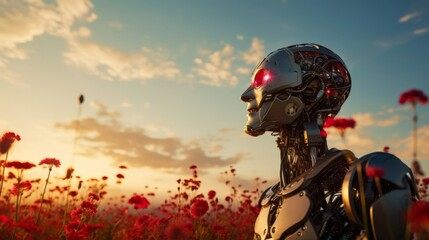 Humanlike intellectual robot smelling red flowers on a field, futuristic robotic man made creature
