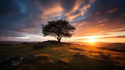 A sunset shot showing a single tree growing under a cloudy sky and surrounded by grass.