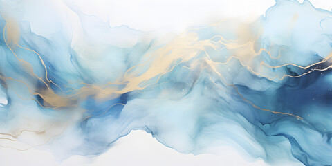 Abstract pastel blue ink acrylic splashes background with fine golden elements lines - obrazy, fototapety, plakaty