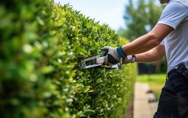 Sunny day, professional gardener trimming a hedge