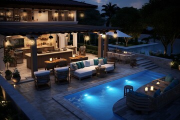 A high-definition view of a luxury backyard in the evening, with a pool displaying 3D intricate patterns in sapphire and gold, surrounded by atmospheric landscape lighting and a chic bar area,