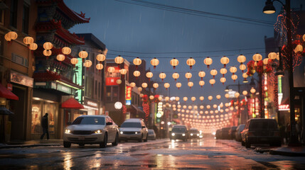 A streetscape of a Chinatown area during the Lunar New Year festivities.