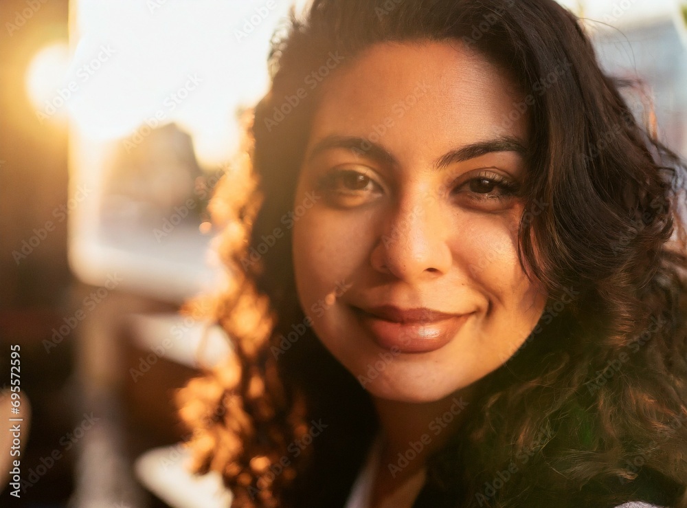 Canvas Prints Curvy smiling young Latin woman model sitting at coffee shop/restaurant, portrait, face closeup. Brunette with curly hair.