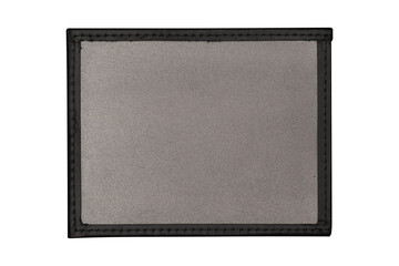 Black ID card holder leather cover frame with empty space isolated on transparent background.