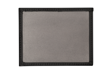 Black ID card holder leather cover frame with empty space isolated on transparent background.