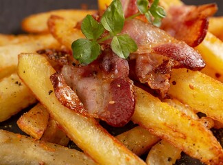 French fries with bacon, closeup photography