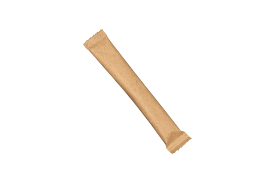 Sugar in kraft paper packaging is isolated on transparent background. Sugar stick.