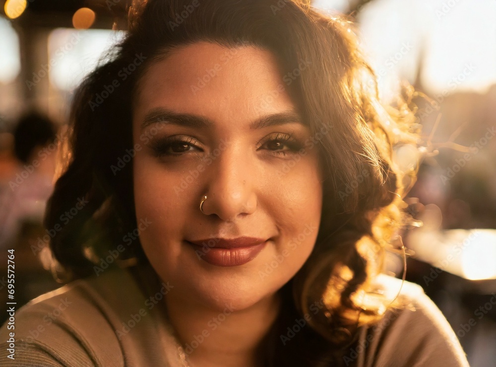 Poster Curvy smiling young Latin woman model sitting at coffee shop/restaurant, portrait, face closeup. Brunette with curly hair.