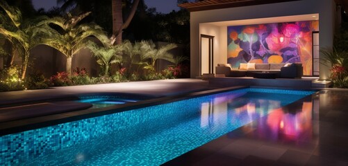 Obraz na płótnie Canvas A high-end backyard with a pool featuring a color-shifting tile mosaic, each tile casting 3D intricate, chameleon-like patterns under changing lights, chameleon charm