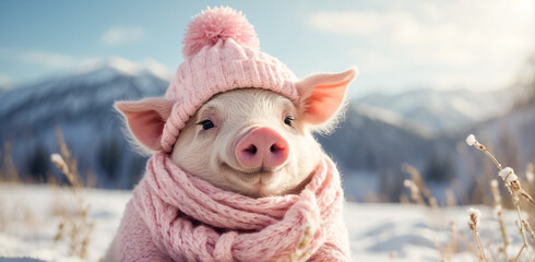 Cute cartoon pig in a hat and scarf on a winter meadow snow