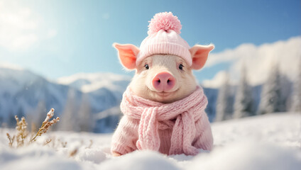 Cute cartoon pig in a hat and scarf on a winter meadow weather
