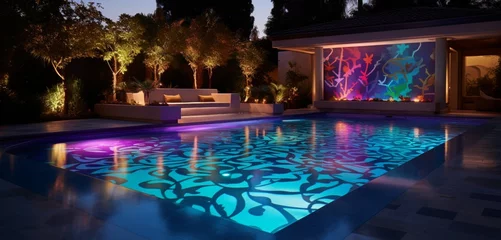 Foto auf Acrylglas A high-end backyard with a pool featuring a color-shifting tile mosaic, each tile casting 3D intricate, chameleon-like patterns under changing lights, chameleon charm © Nairobi 