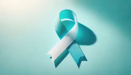 Cervical cancer awareness month banner with teal and white ribbon isolated on pastel blue background