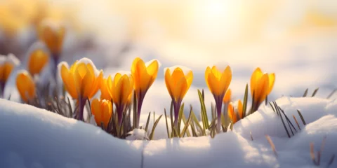 Poster Close up of yellow spring crocus flowers growing in the snow, blurry background with sunshine © TatjanaMeininger