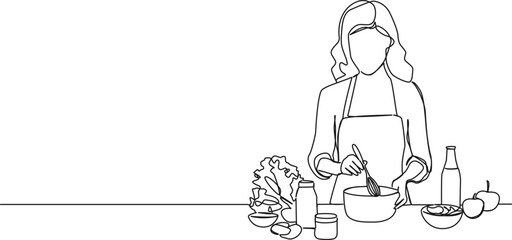 continuous single line drawing of woman preparing food in kitchen, line art vector illustration
