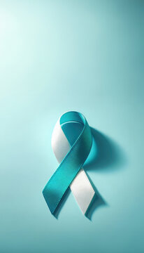 Cervical cancer awareness month banner with teal and white ribbon isolated on pastel blue background
