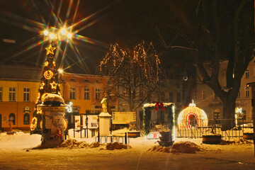 Light illuminations on the city square in Lubliniec. Christmas 2023