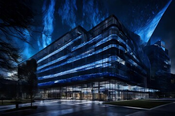 A corporate office building with dynamic LED lighting, creating an immersive visual experience and making a bold statement against the night sky.