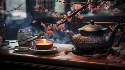 A tea ceremony to bring in tranquility for the New Year. - obrazy, fototapety, plakaty
