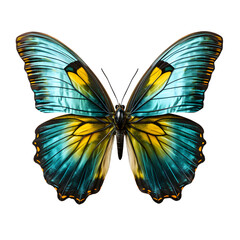  beautiful blue yellow green butterfly in flight isolated on transparent background Generative AI 
