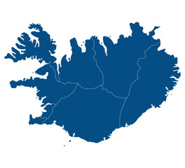 Iceland map. Map of Iceland in administrative regions in blue color