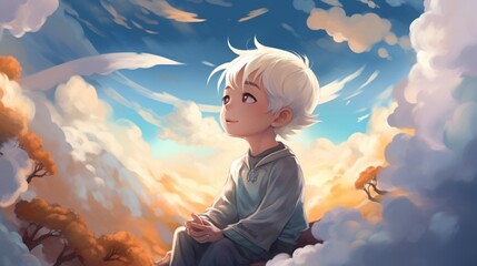 a heart-touching moment as a blind box reveals a sweet little boy with white hair and blue eyes, seated on a cloud amidst a dreamlike setting.