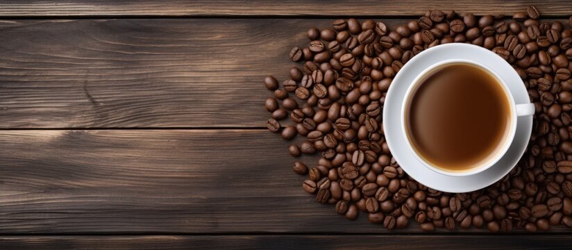 Top view a cup of hot coffee and beans on wooden table. AI generated image
