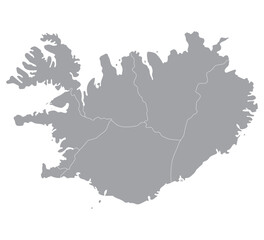Iceland map. Map of Iceland in administrative regions in grey color