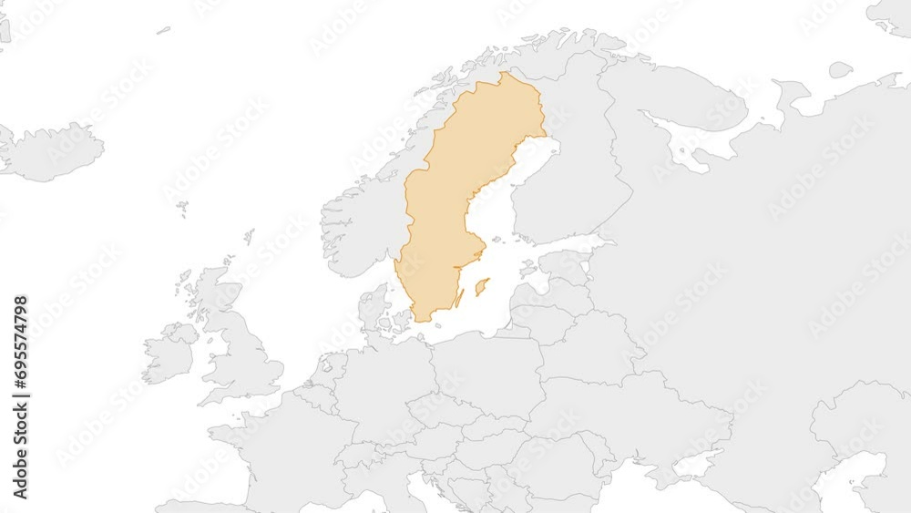 Sticker animation of sweden country map on the world map. animation of map zoom in with border and marking o