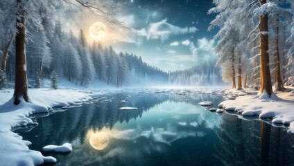 Winter forest landscape on the full moon