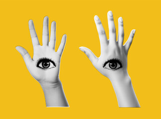 Two hands with an eye on them. Isolated element for collage on purple background. Psychedelic pop art style. Vector trendy illustration. - obrazy, fototapety, plakaty