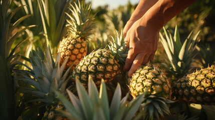 Man plucks an pineapple in the plantation. Farmer pick pineapple.