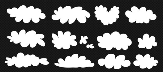 Simple white clouds set. Cute and kawaii elements collection on transparent bg like a png. Vector naive art illustration.
