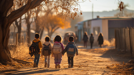 group of young children walking down the street with backpacks to school - obrazy, fototapety, plakaty
