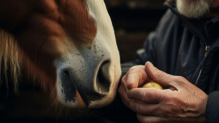 Man's hand feeds a horse in a stall. The image conveys caring and calmness.